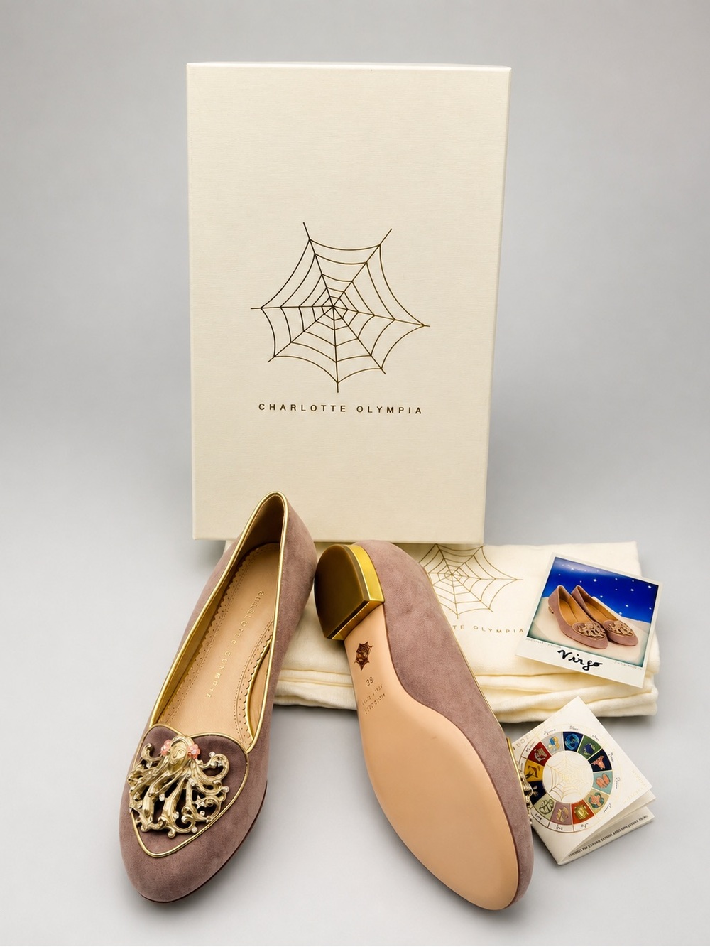 Charlotte Olympia Suede Birthday Virgo Crystals Mink Slippers Flats 38 New W Box